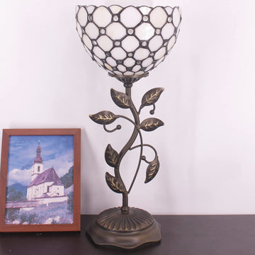 WERFACTORY Small Tiffany Table Lamp 8" Stained Glass Crystal Bead Style Shade 19" Tall Antique Vintage Metal Leaf Base Mini Bedside Accent Desk Torchiere Uplight